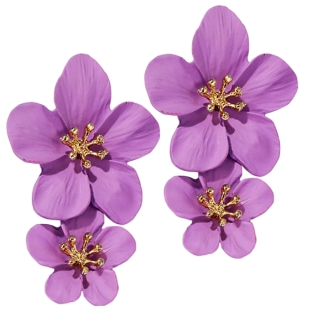 Big Lavender Double Flower Blossom Earrings 3D Hibiscus Statement 2 Flowers